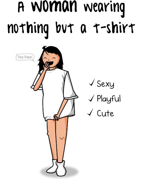 a giggling cartoon woman, wearing only a white t-shirt.
