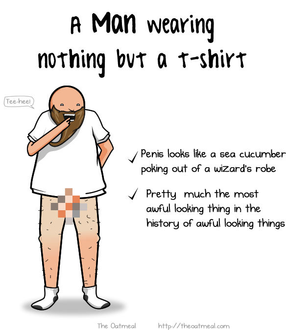 a giggling cartoon man, wearing only a white t-shirt. His genitals are pixelated.